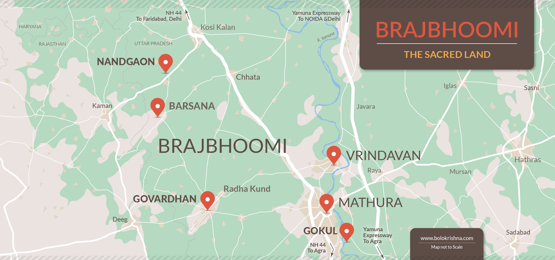 brajbhoomi map showing places like vrindavan, mathura, barsana and govardhan - bolokrishna.com source: bolokrishna.com